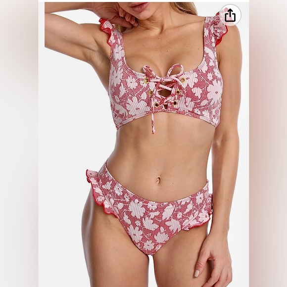 BIKINI RETRO MID WAIST RUFFLE SLEEVES BLACK FLORAL PRINT - Picture 4 of 16